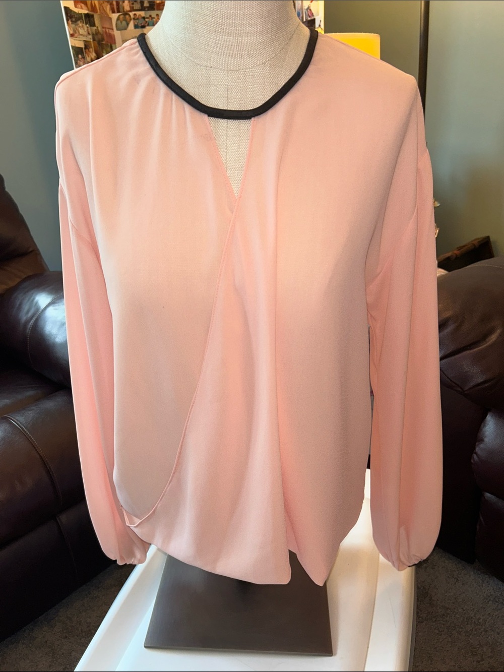 Cache- Size Med Elegant Women's Pink Blouse with Black Trim
